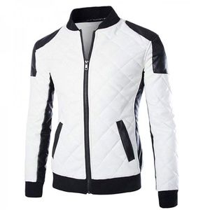 Mens Slim Fit Black and White Leather Baseball Bomber Jacket